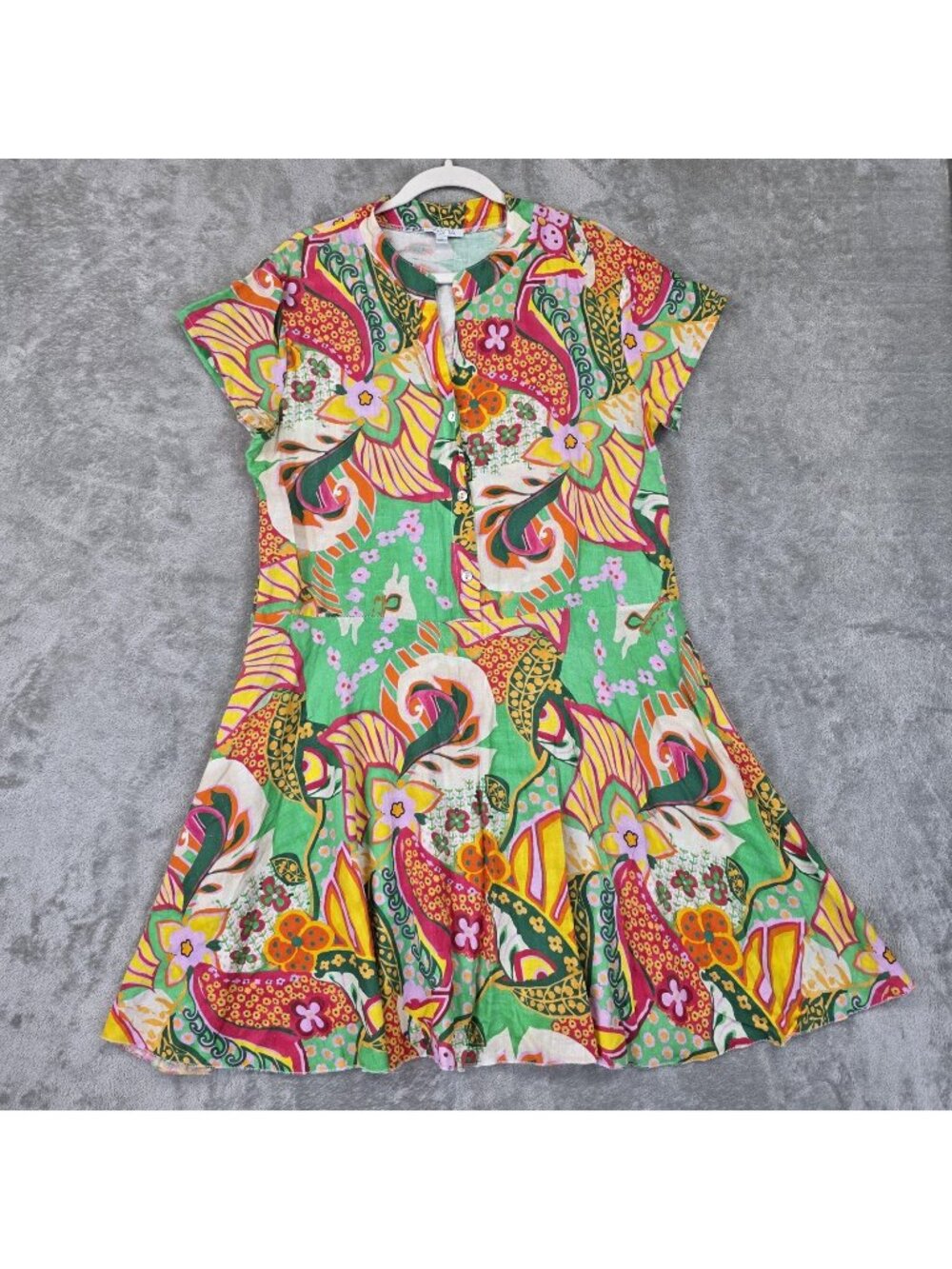 Vasna Dress Womens L Multicolor Floral Linen Henley A-Line Short Italy Boho